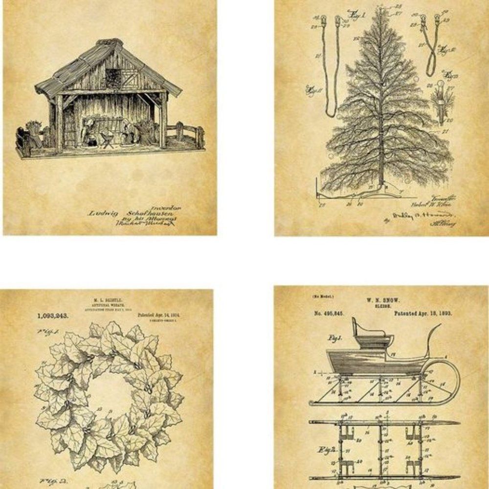 Christmas Holiday Decoration Patent Wall Art Prints Set of 4 Unframed